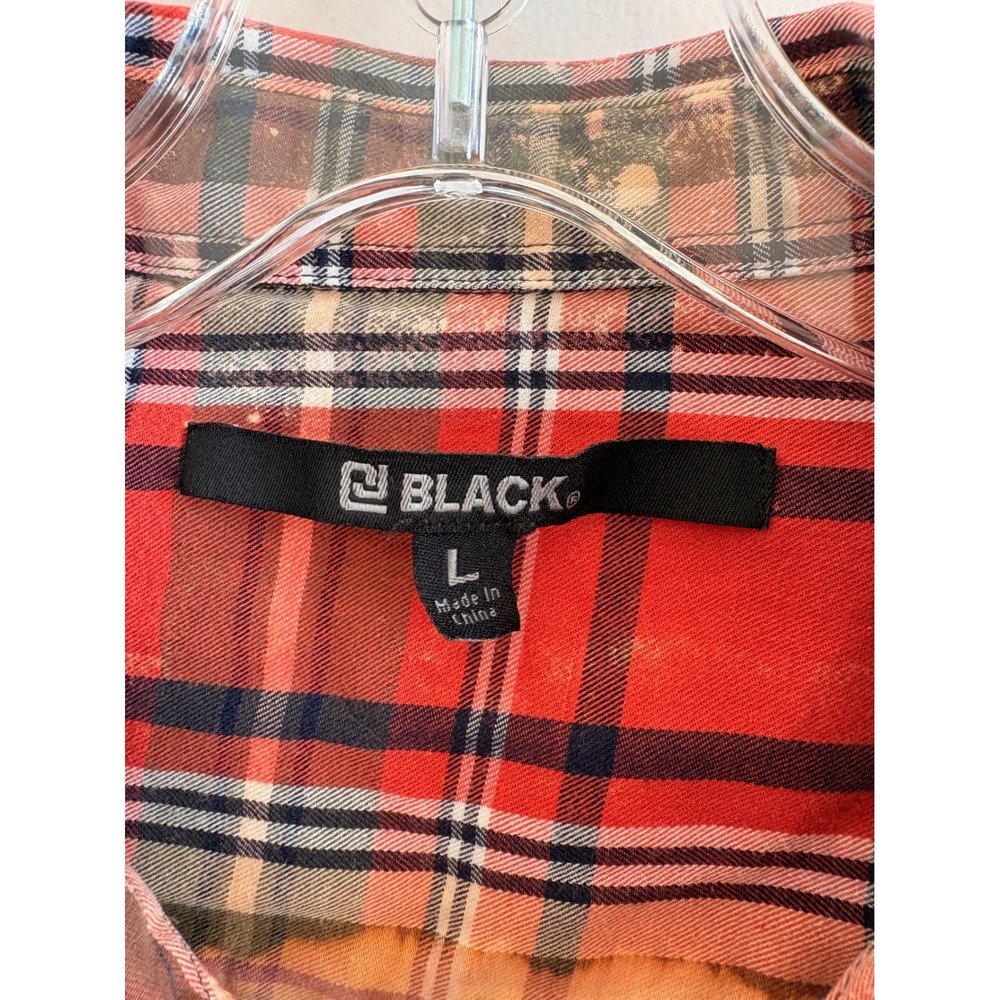 Rue21 Black Bleached Flannel Shirt Red Plaid Pumpkin Graphic Fall Top Womens L - Picture 6 of 9